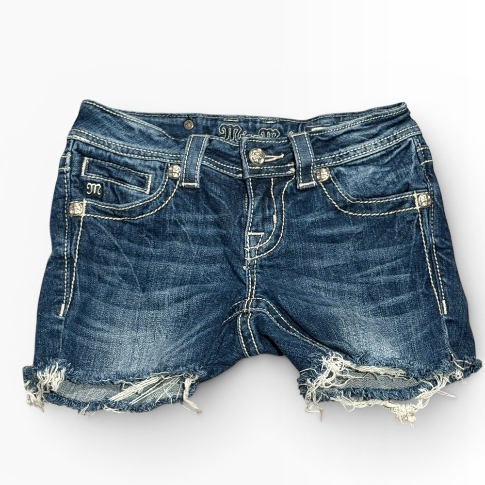 Miss Me Angel Wings Cross Bling Distressed Denim Low Rise Y2K Bermuda Shorts 25 - Picture 2 of 11